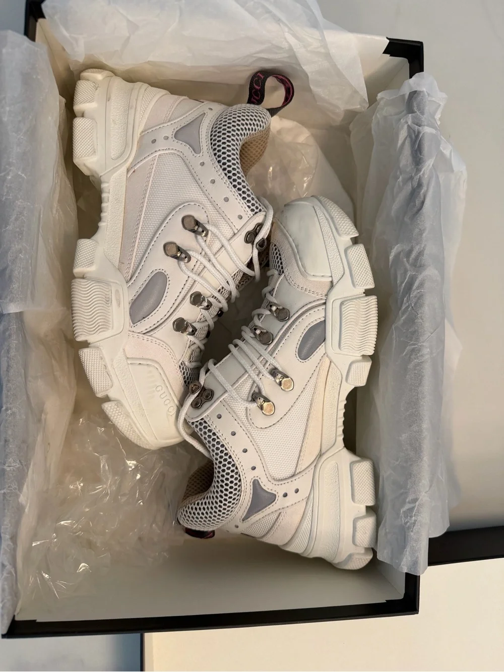 Gucci Flasktrek White and Cream Chunky Mesh Leather Sneakers Size 37 Unisex
